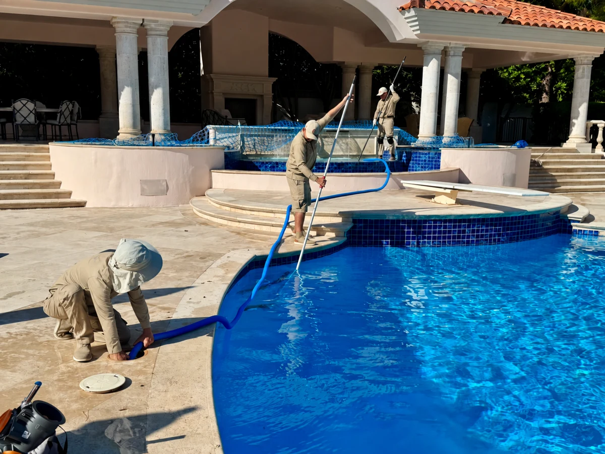 Three crew members caring for a residential pool and spa